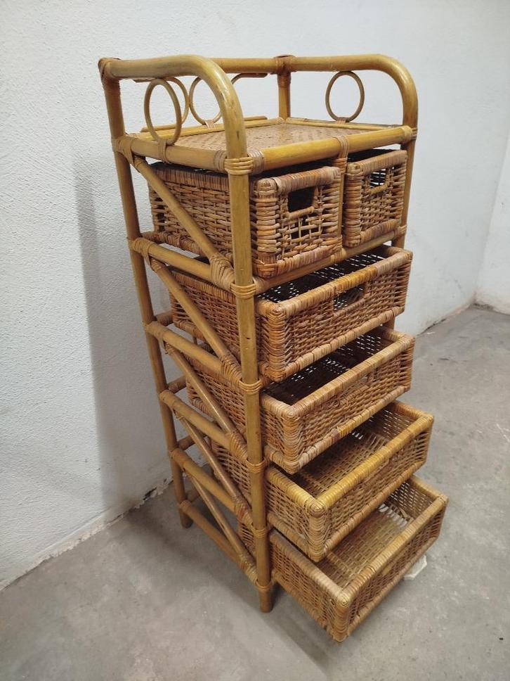 Groot vintage rotan/rieten opbergmeubel met 6 schuiven/lades, Huis en Inrichting, Kasten | Ladekasten, Gebruikt, 100 tot 150 cm