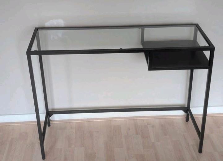 Zwarte metalen kaptafel, serveerconsole en glazen blad, Antiek en Kunst, Antiek | Verlichting, Ophalen