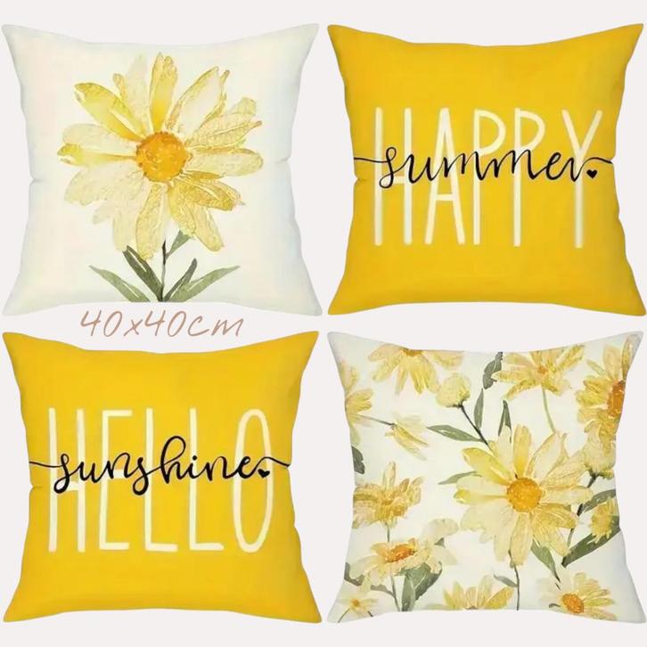 Set van 4 kussenhoezen mosterdgeel bloem en tekst 40x40cm, Huis en Inrichting, Woonaccessoires | Kussens, Nieuw, Geel, Vierkant