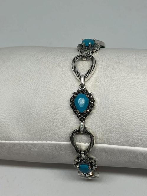 Zilveren armband met natuurlijke turkoois, Bijoux, Sacs & Beauté, Bracelets, Neuf, Argent, Bleu, Avec bracelets à breloques ou perles