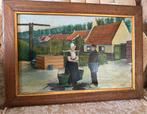 Vintage 1915 R. Bultynck olie op verf schilderij dorpsleven, Ophalen of Verzenden