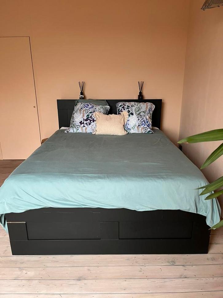 Lit double 160/200 + sommier + matelas, Maison & Meubles, Chambre à coucher | Lits boxsprings, Utilisé, 160 cm, 200 cm, Deux personnes