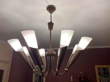 Moderne hanglamp, jaren 80, met 8 bronzen takken en glazen  beschikbaar voor biedingen