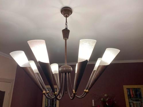 Moderne hanglamp, jaren 80, met 8 bronzen takken en glazen, Huis en Inrichting, Lampen | Hanglampen, Zo goed als nieuw, Glas, Metaal
