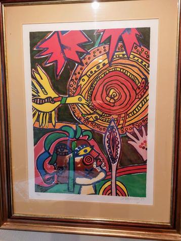 Kleurrijke Afrikaanse lithografie door Corneille 1993, Enlèvement