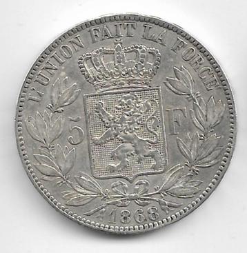 Belgique : 5 francs 1868 FR (B-battle) = RARE (= morin 155 A, Monnaie en vrac, Argent, Argent, Envoi