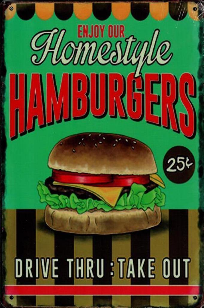 Retro Metalen Sierbord - Homestyle Hamburgers, Huis en Inrichting, Woonaccessoires | Wanddecoraties, Nieuw, Ophalen of Verzenden
