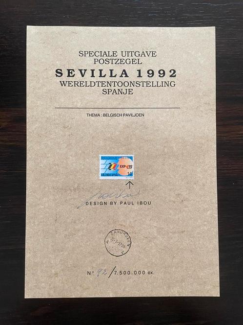 Gesigneerde postzegel Paul Ibou Sevilla 1992, Postzegels en Munten, Postzegels | Europa | België, Ophalen of Verzenden