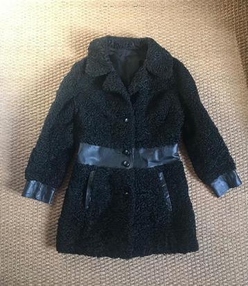 manteau fourrure noire vintage 1970s astrakan & cuir M 