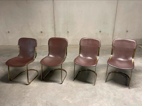 4 Willy Rizzo voor Cidue stoelen chocolade leder, Huis en Inrichting, Stoelen, Zo goed als nieuw, Drie, Metaal, Bruin, Ophalen of Verzenden