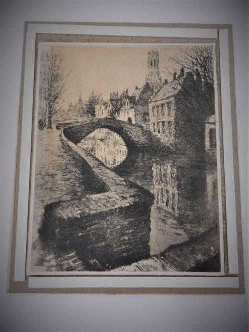 Reproductie van potlood tekening pittoresk zicht van Brugge, Antiek en Kunst, Kunst | Tekeningen en Fotografie, Ophalen of Verzenden