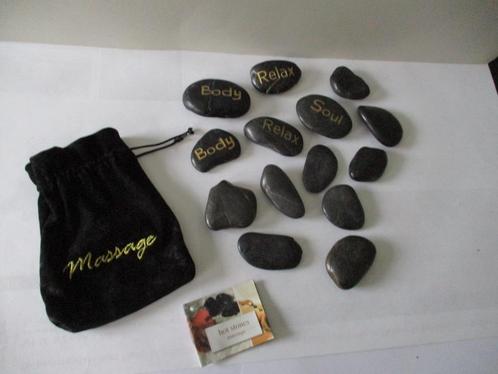 14 hot stones setje met tekst op stenen,relax, body,soul, Sport en Fitness, Massageproducten, Gebruikt, Hotstone, Ophalen of Verzenden