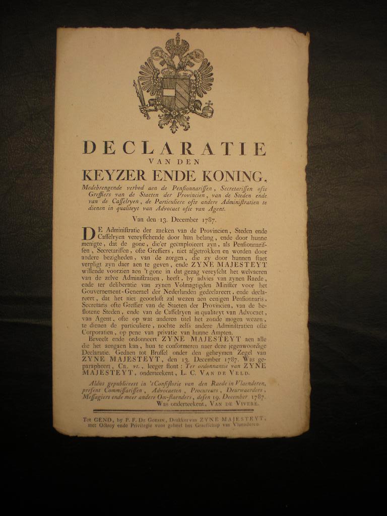 plakkaat 1787  Oostenrijks bewind, Antiek en Kunst, Antiek | Boeken en Manuscripten, Ophalen of Verzenden, Diverse auteurs