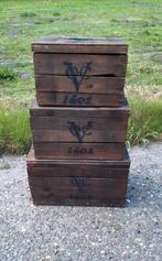 Stoere set 3 decoratieve houten kisten met opdruk VOC 1602😎, Moins de 50 cm, Enlèvement ou Envoi, 50 à 100 cm, Utilisé