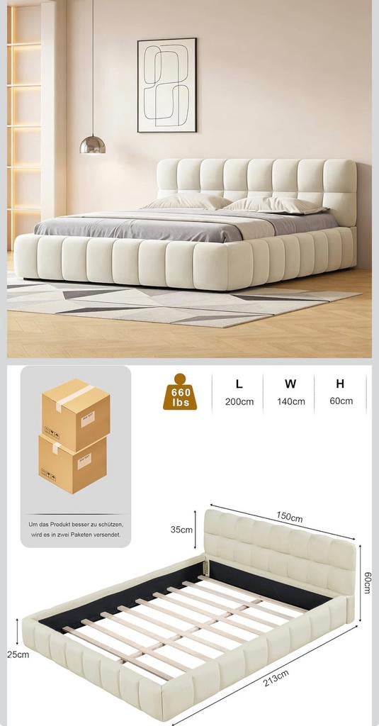 Lit double Beige, Enlèvement, Neuf, Deux personnes, Beige