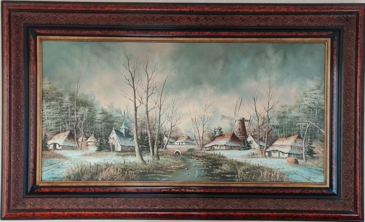 Groot schilderij winterlandschap met houten lijst, Antiek en Kunst, Kunst | Schilderijen | Klassiek, Ophalen