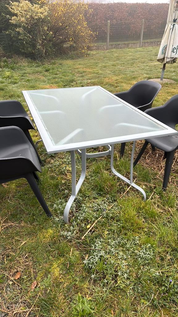 Metalen tuintafel met glas 152 x 97, Tuin en Terras, Tuintafels, Gebruikt, Metaal, Ophalen