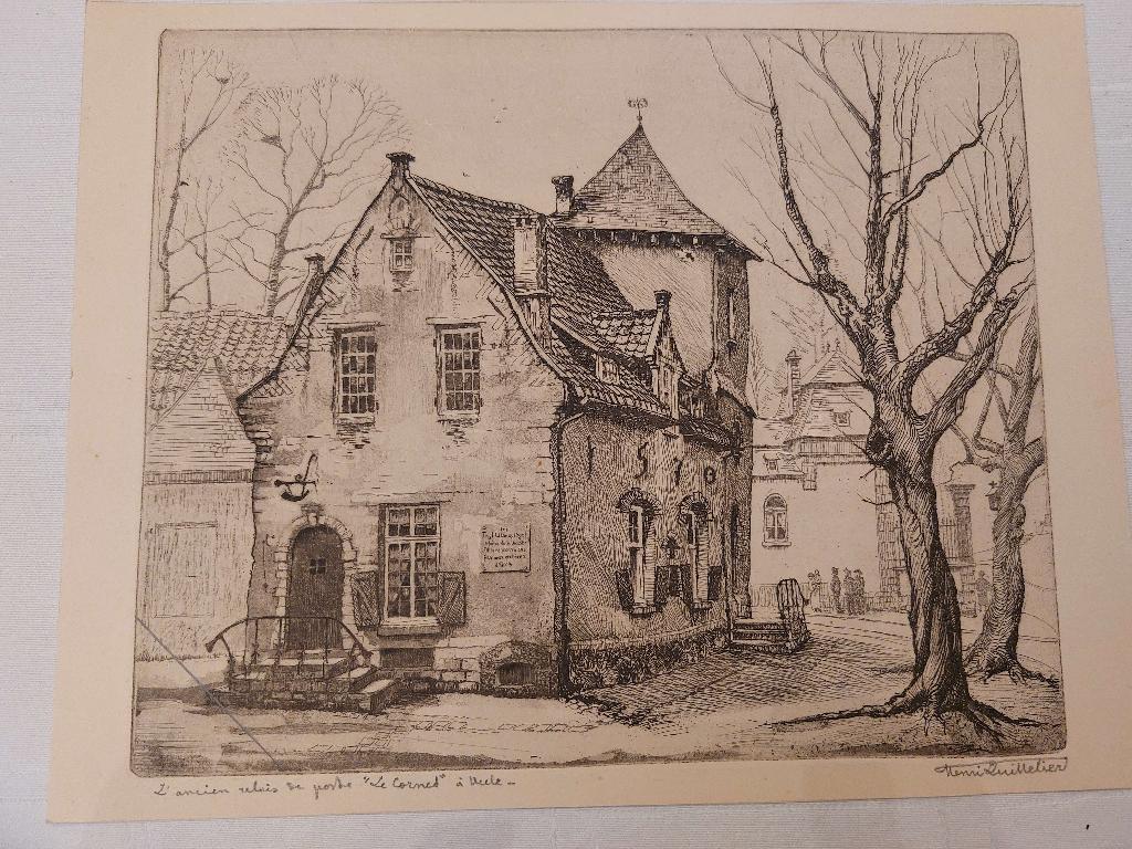 Ets L'ancien relais de poste à Uccle - Maurice Quittelier, Antiek en Kunst, Kunst | Etsen en Gravures, Ophalen, Ets, Met monogram