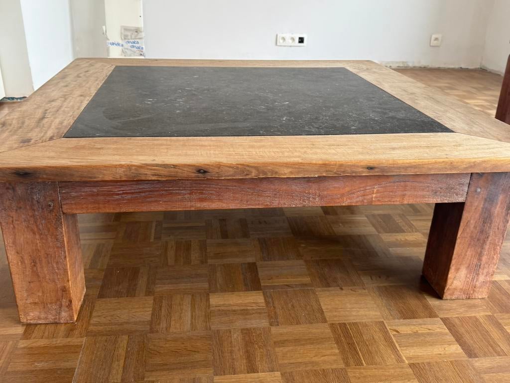 Salon tafel massief hout & natuursteen, Ophalen, Gebruikt, Vierkant, Landelijk