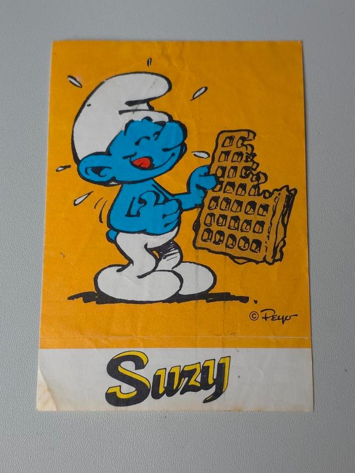 Autocollant Schtroumpf avec gaufre Suzy, Collections, Schtroumpfs, Comme neuf, Autres types, Schtroumpf Gourmand, Envoi