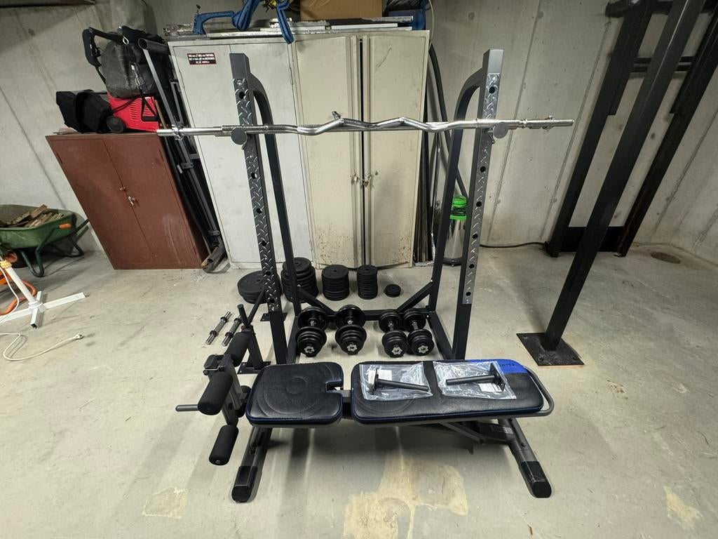 Bench + rack + 262kg schijven + toebehoren, Ophalen, Zo goed als nieuw, Fitnessbank