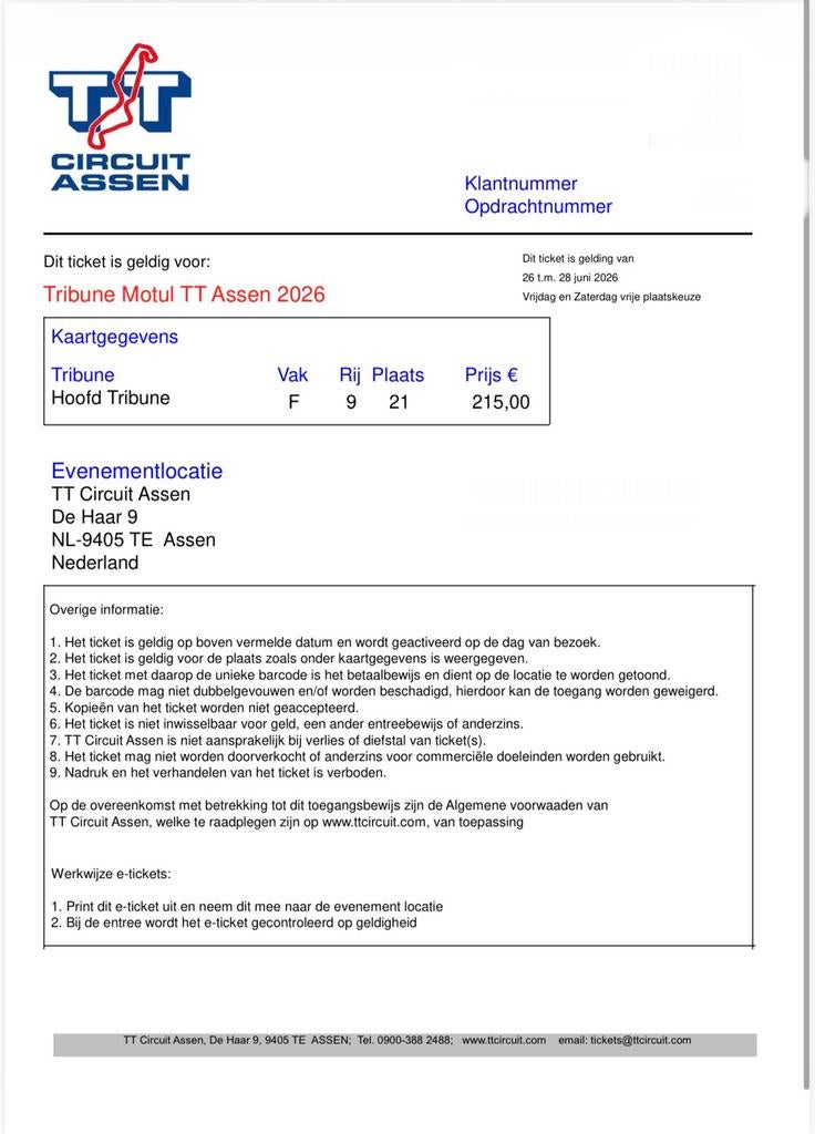 Pass 3 jours moto gp assen en tribune couverte, Une personne, Juin