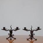 Set brutale ijzeren kandelaars – Frankrijk (ca. jaren 40), Gebruikt, Zwart, Ophalen of Verzenden, Metaal