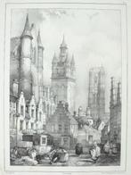 antieke grote lithografie GENT torens 'Tour de Belfort' Gand, Antiek en Kunst, Ophalen of Verzenden