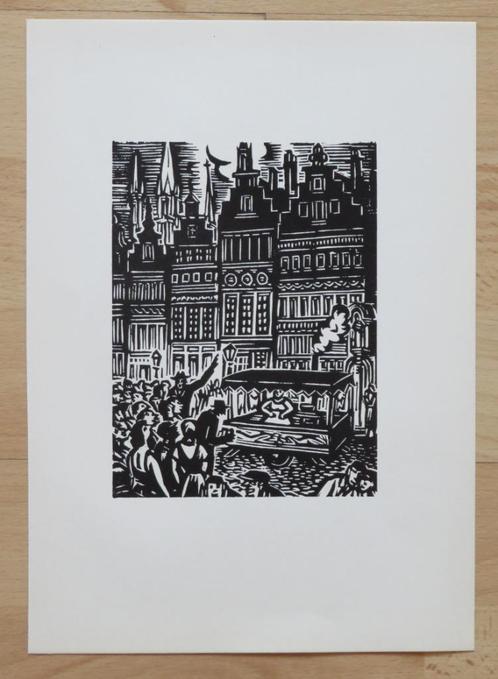 Houtsnede Frans Masereel: ANTWERPEN: de Vogelmarkt, Antiek en Kunst, Kunst | Etsen en Gravures, Verzenden