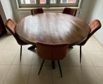Ronde houten tafel + 5 stoelen, Huis en Inrichting, 150 tot 200 cm, Overige materialen, Industrieel, 150 tot 200 cm