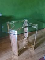Luxe glazen bijzettafel met messing onderstel – 90x90x55 cm, Ophalen, Gebruikt, Glas