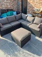 Mooie loungeset in wicker – grijs kussens – in goede staat, Ophalen, Gebruikt, Aluminium, Hocker