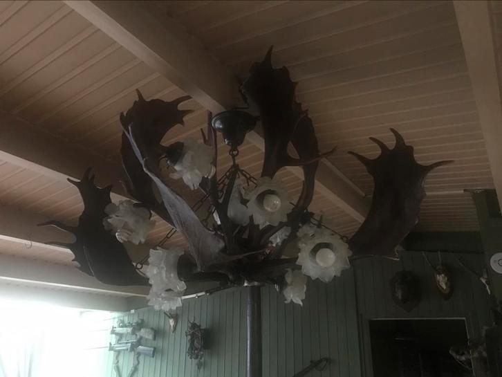 Landelijk damherten gewei luster zie beschrijving, Huis en Inrichting, Lampen | Hanglampen, Zo goed als nieuw, 75 cm of meer, Overige materialen