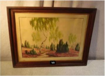 Belle aquarelle ancienne 'Arbres et bruyère' - signée, Enlèvement ou Envoi