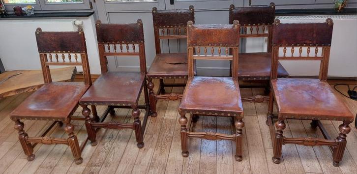 Set van 6 stoelen stijl Henri II leer/hout, Antiek en Kunst, Antiek | Meubels | Stoelen en Sofa's, Ophalen