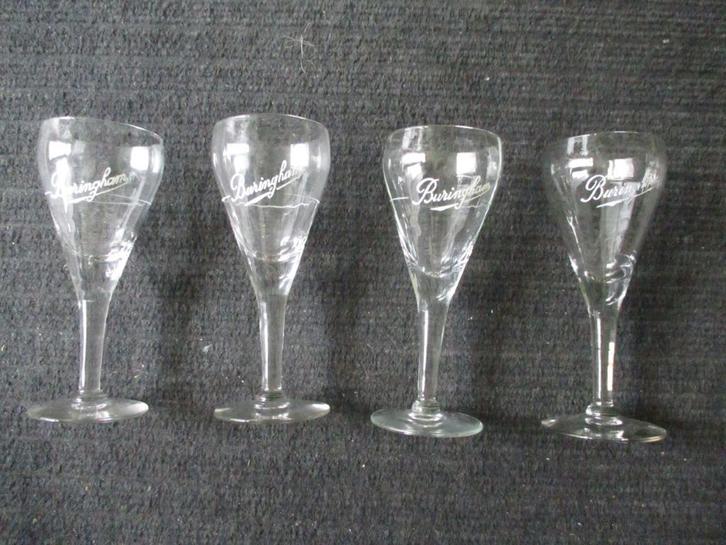 Lot van 4 stuks OUDE  portoglazen Emaille tekst   BURINGHAM, Verzamelen, Glas en Drinkglazen, Zo goed als nieuw, Borrel- of Shotglas
