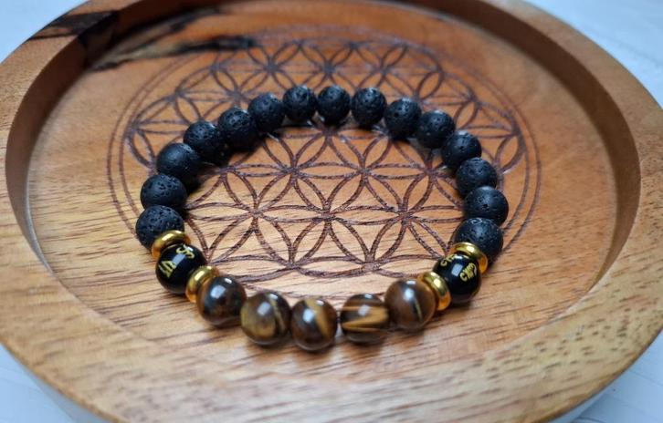 Bracelet Pierre de lave Oeil de tigre, Handtassen en Accessoires, Armbanden, Nieuw, Overige materialen, Zwart, Ophalen
