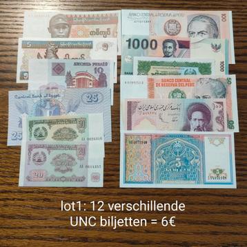 12 verschillende UNC biljetten - Wereld = 6€