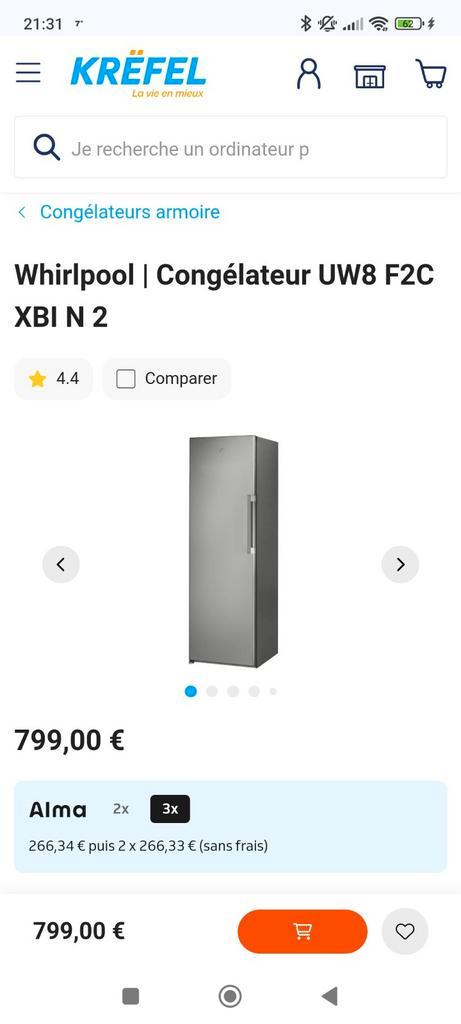 Whirlpool UW8F2CXBIN (187.5cm x 59.50cm x 63cm), Electroménager, Congélateurs, Comme neuf, À Poser, Congélateur, Congélateur, 160 cm ou plus