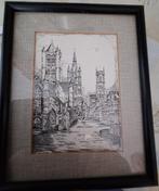 oude ets van rivier met gebouwen, Antiek en Kunst, Ophalen of Verzenden