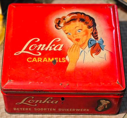 Oude blikken doos Lonka Caramels 1960, Verzamelen, Blikken, Gebruikt, Ophalen of Verzenden