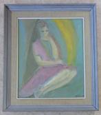 ANDRE GOEZU / ZITTENDE VROUW / OLIEVERF DOEK / 94x82cm KADER, Antiek en Kunst, Ophalen