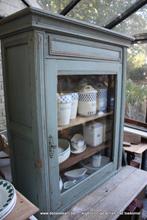 Retro brocante antieke oude vitrine kast blauwgrijs, Ophalen