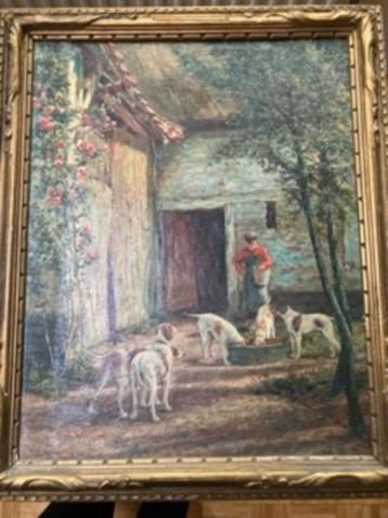Schilderij ‘Boer met vijf honden’ olieverf op doek.