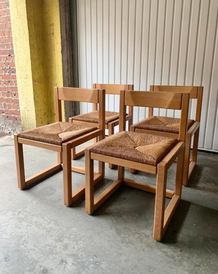 4 massief houten rieten stoelen uit de jaren 70, Antiek en Kunst, Antiek | Meubels | Stoelen en Sofa's, Ophalen