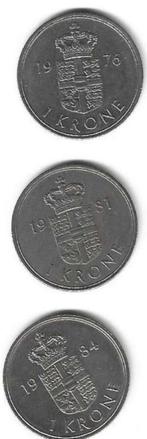 Munten Denemarken 3x 1 Krone S B 1976 B B 1981 R B 1984 Pr, Ophalen of Verzenden, Losse munt, Overige landen
