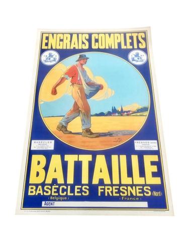 1950s Lithografische reclame affiche Meststoffen Bataille beschikbaar voor biedingen