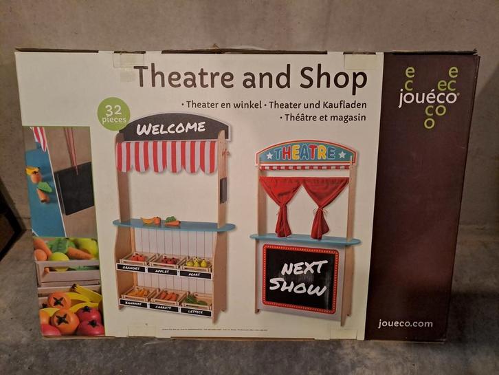Jouéco Houten theater en winkel 2 in 1, Kinderen en Baby's, Speelgoed | Houten speelgoed, Zo goed als nieuw, Ophalen