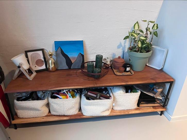 TV-meubel Acaciahout zwart metalen frame, Huis en Inrichting, Kasten |Televisiemeubels, Zo goed als nieuw, Minder dan 100 cm, 100 tot 150 cm