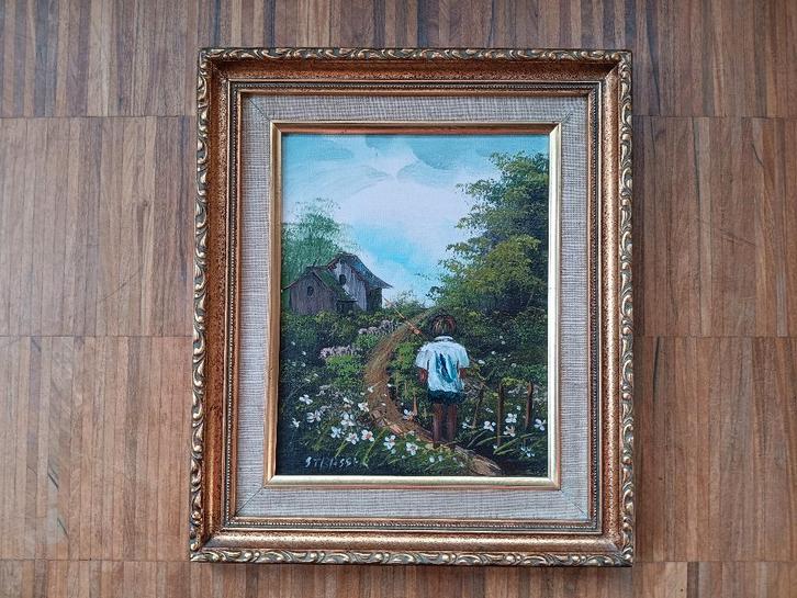 Ingetogen schilderij op houtpaneel - gesigneerd Strasser, Antiquités & Art, Art | Peinture | Classique, Enlèvement ou Envoi